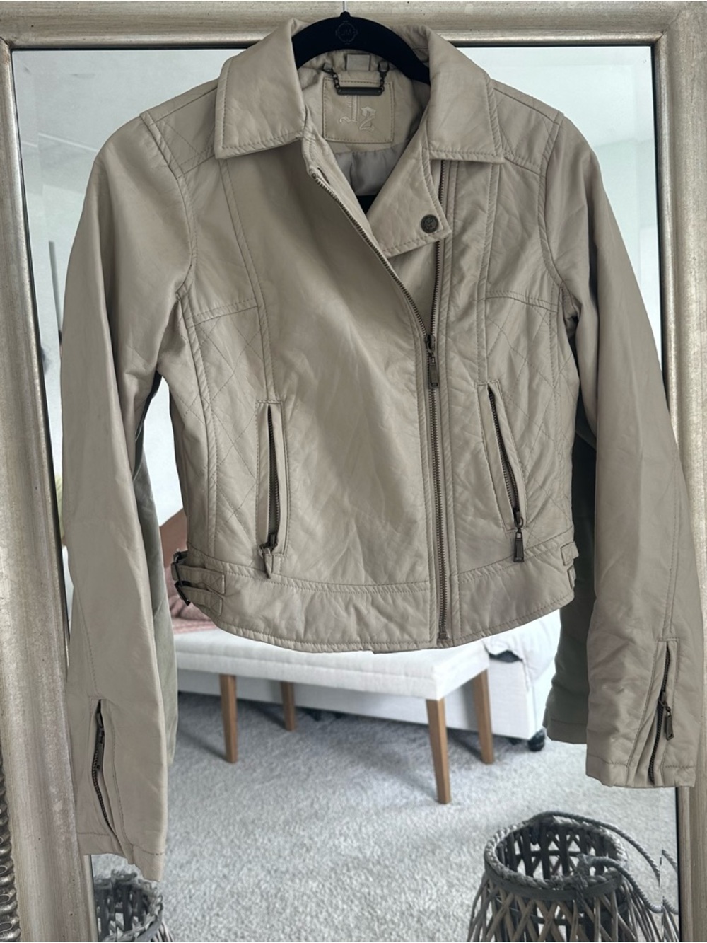 Faux Leather Moto Jacket – Size Small – Neutral Beige/Taupe